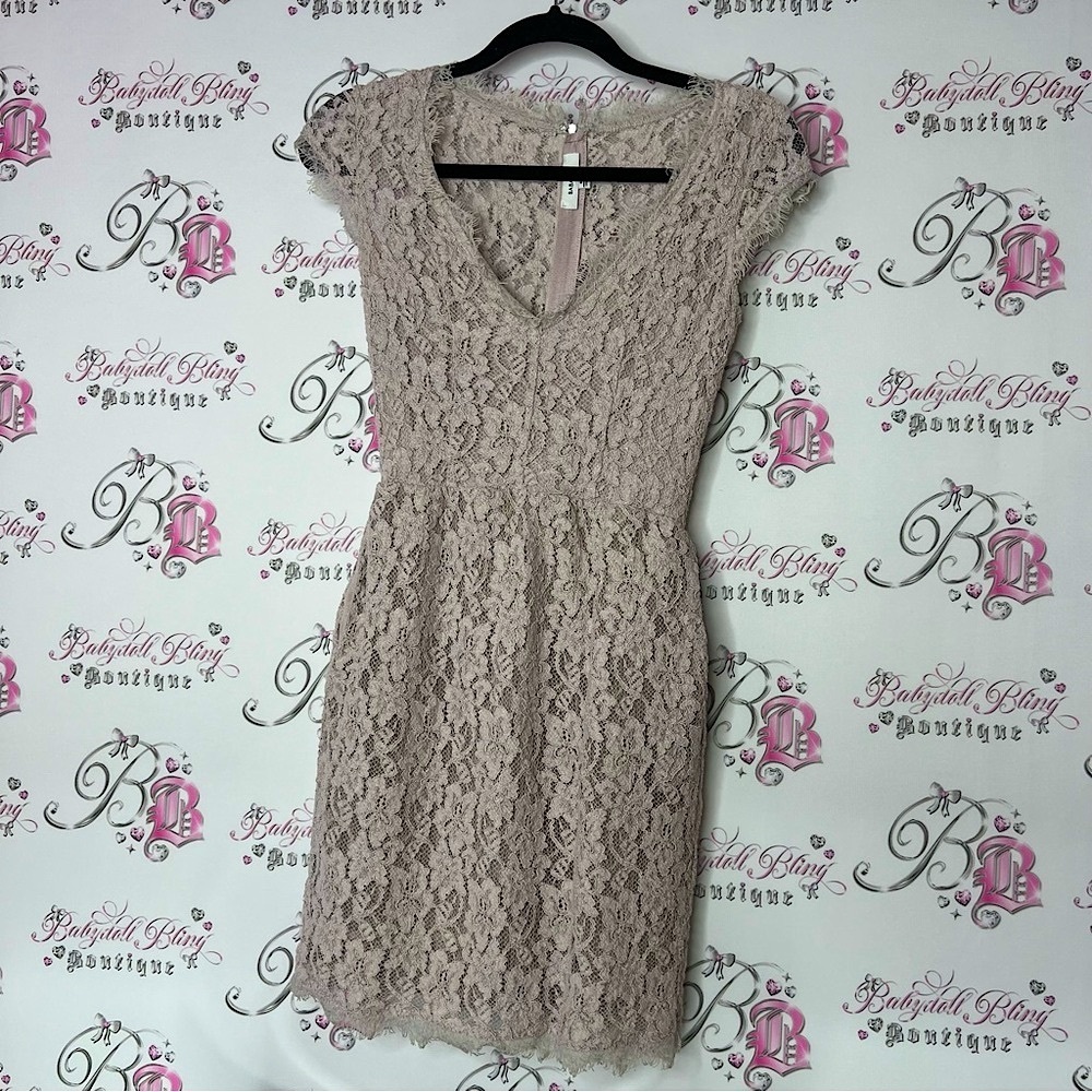 Babaton Tan Sheath Dress with Flutter Cap Sleeves flowers